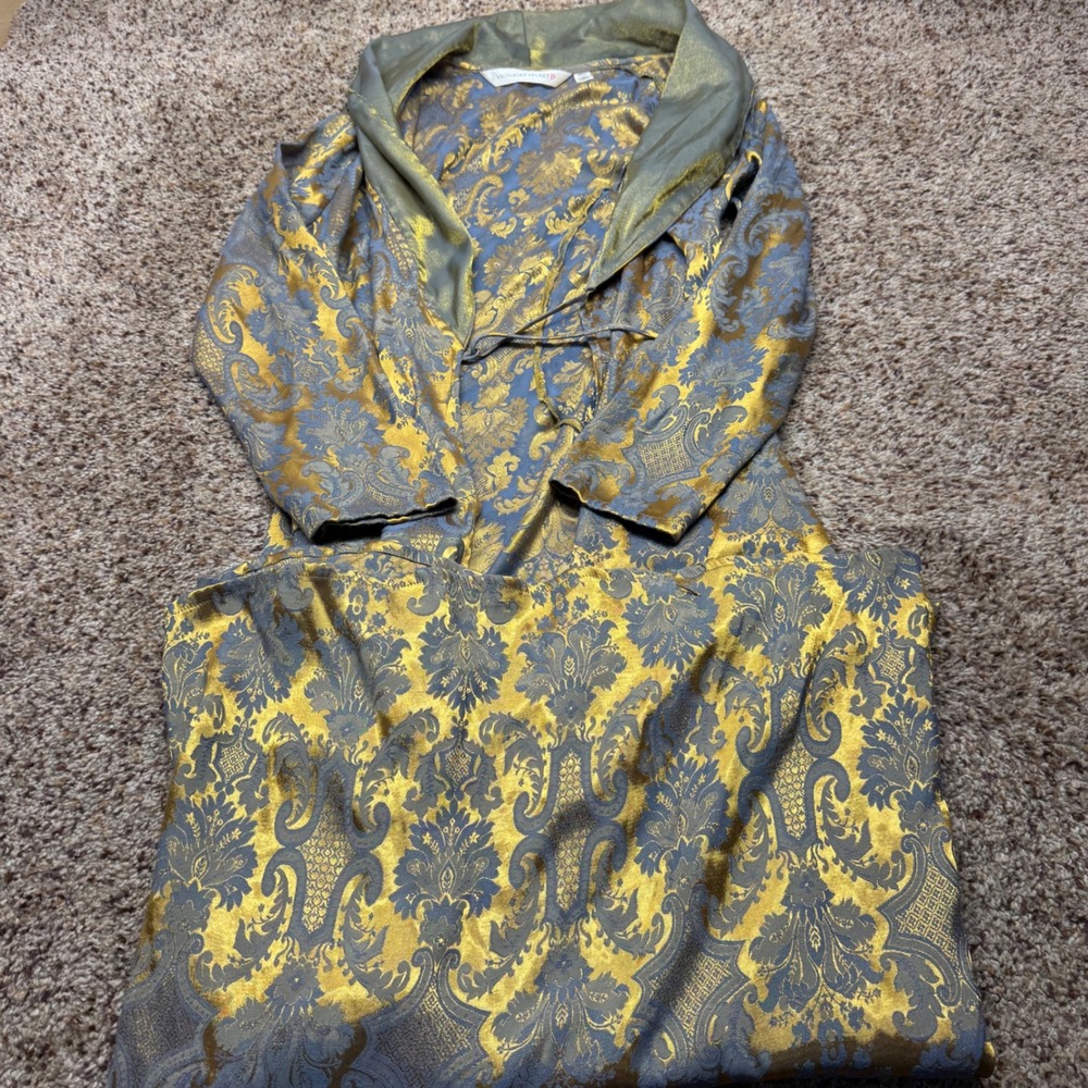 Victoria's Secret Gold Blue Damask Brocade Robe Metallic Shawl Collar ML